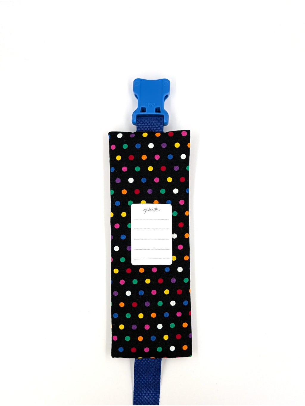 The Daydreamer EpiPen pouch in a black confetti dot print with the blue adjustable belt, back view, showing the care label