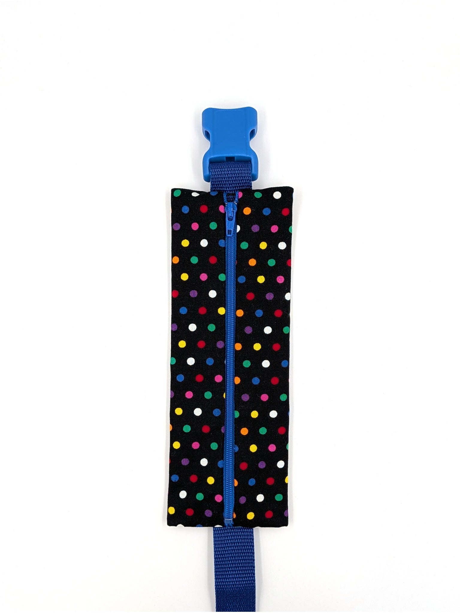 The Daydreamer EpiPen pouch in a black confetti dot print with the blue adjustable belt, closed