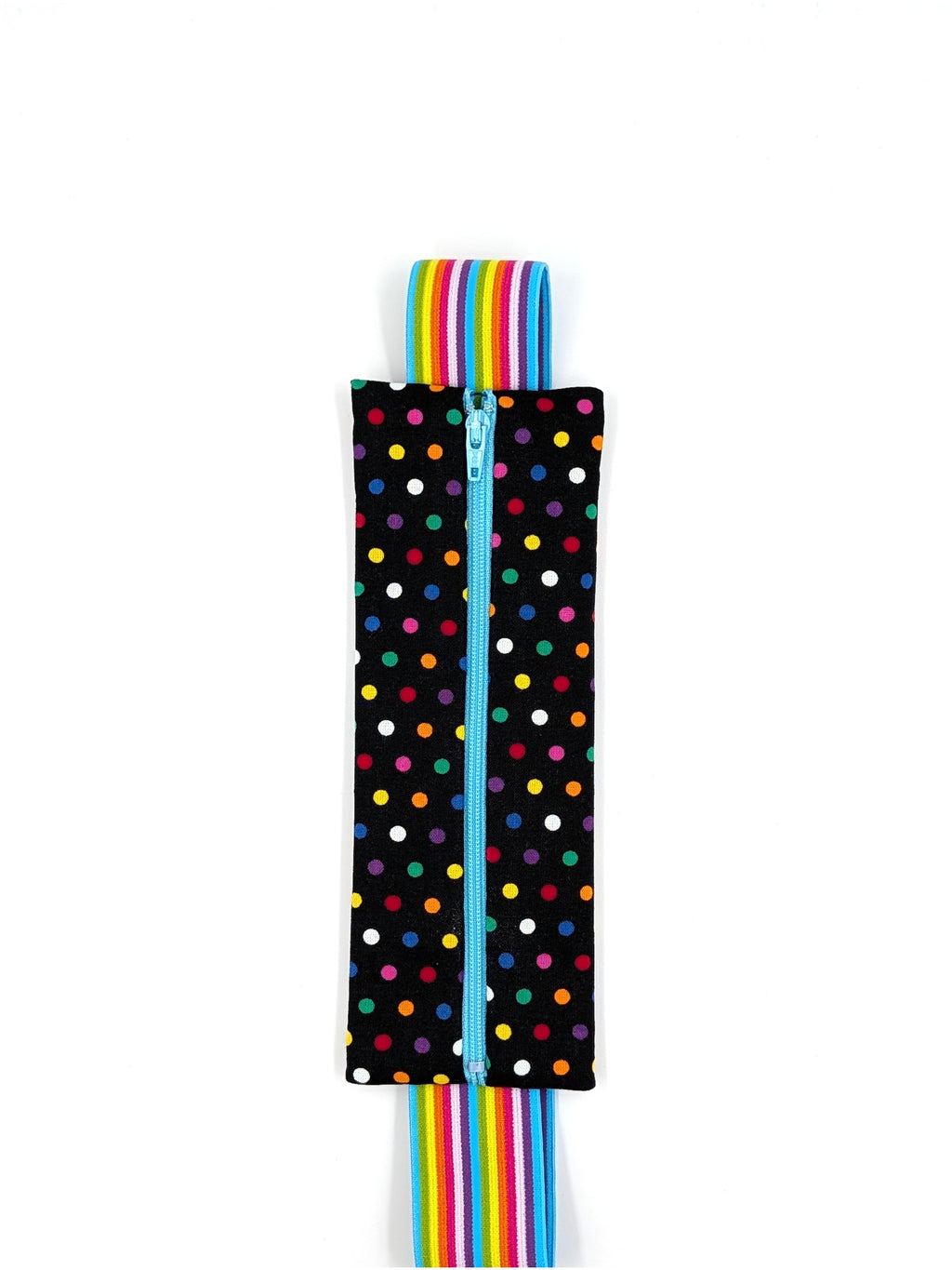 The Daydreamer EpiPen pouch in a black confetti dot print with the rainbow elastic strap, closed