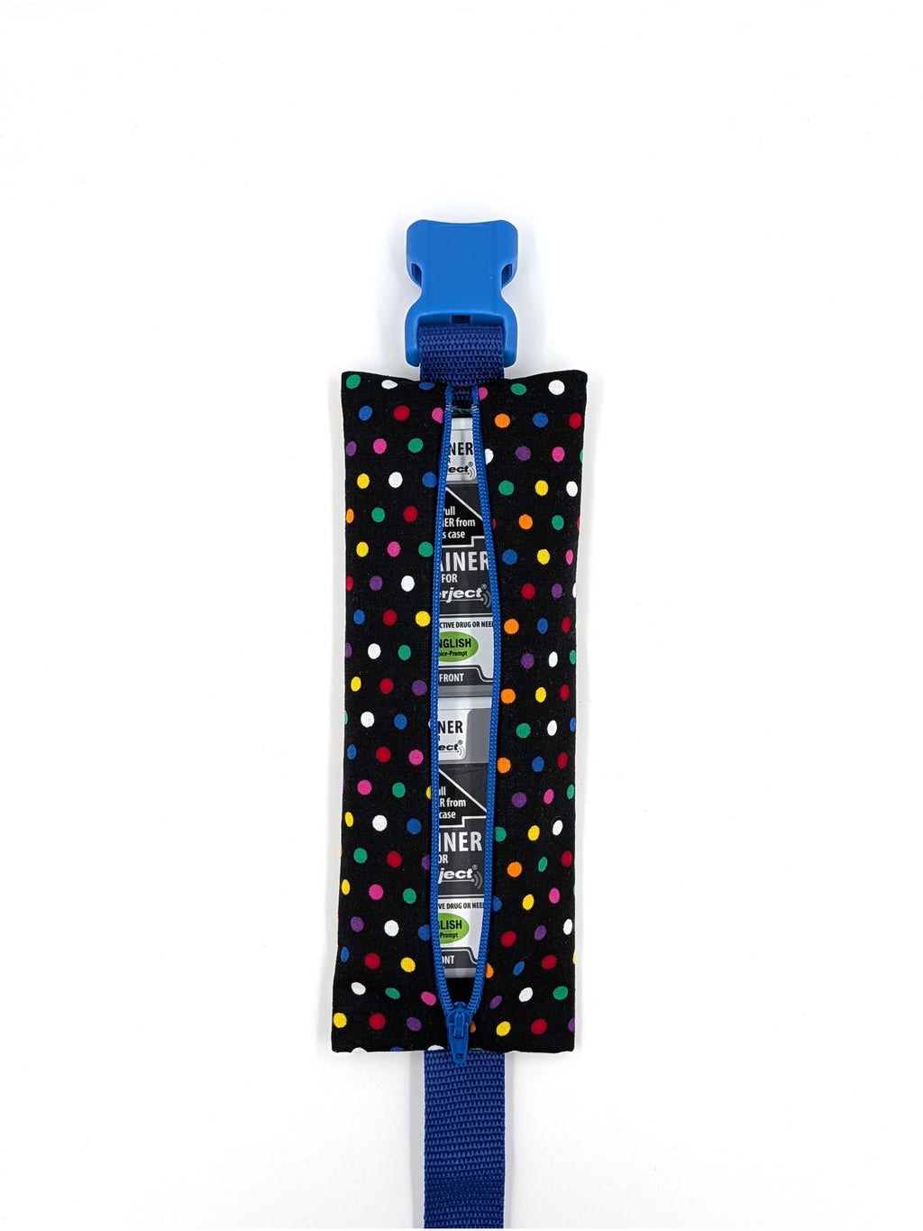The Daydreamer EpiPen pouch in a black confetti dot print with the blue adjustable belt, open with two ALLERJECT auto-injectors inside