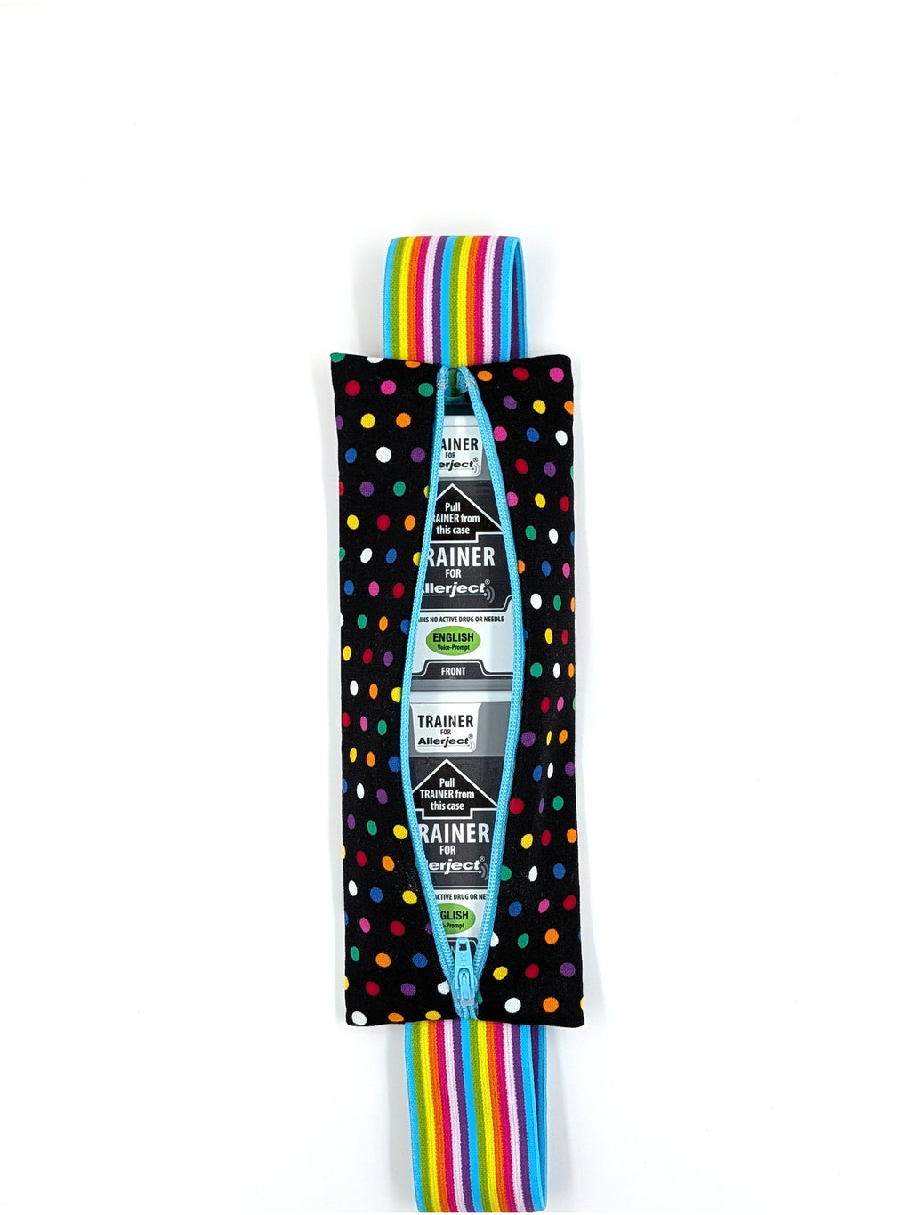 The Daydreamer EpiPen pouch in a black confetti dot print with the rainbow elastic strap, open with two ALLERJECT auto-injectors inside