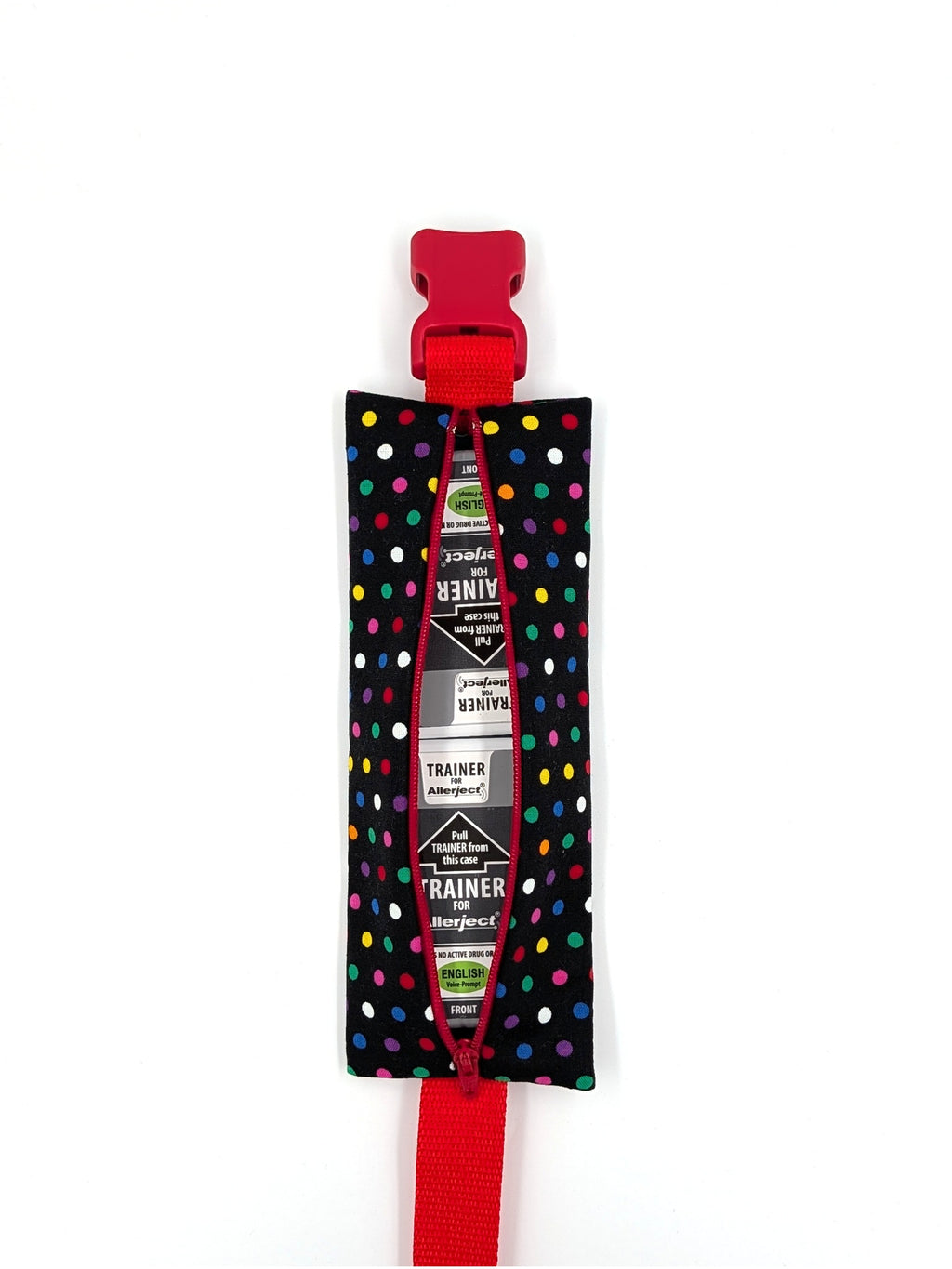 The Daydreamer EpiPen pouch in a black confetti dot print with the red adjustable belt, open with two ALLERJECT auto-injectors inside
