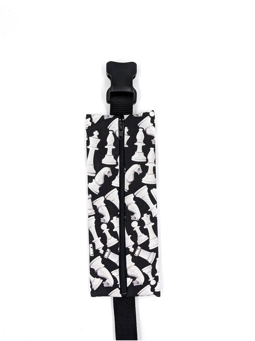 The Grand Master EpiPen pouch in a black and white chess print, closed, front view