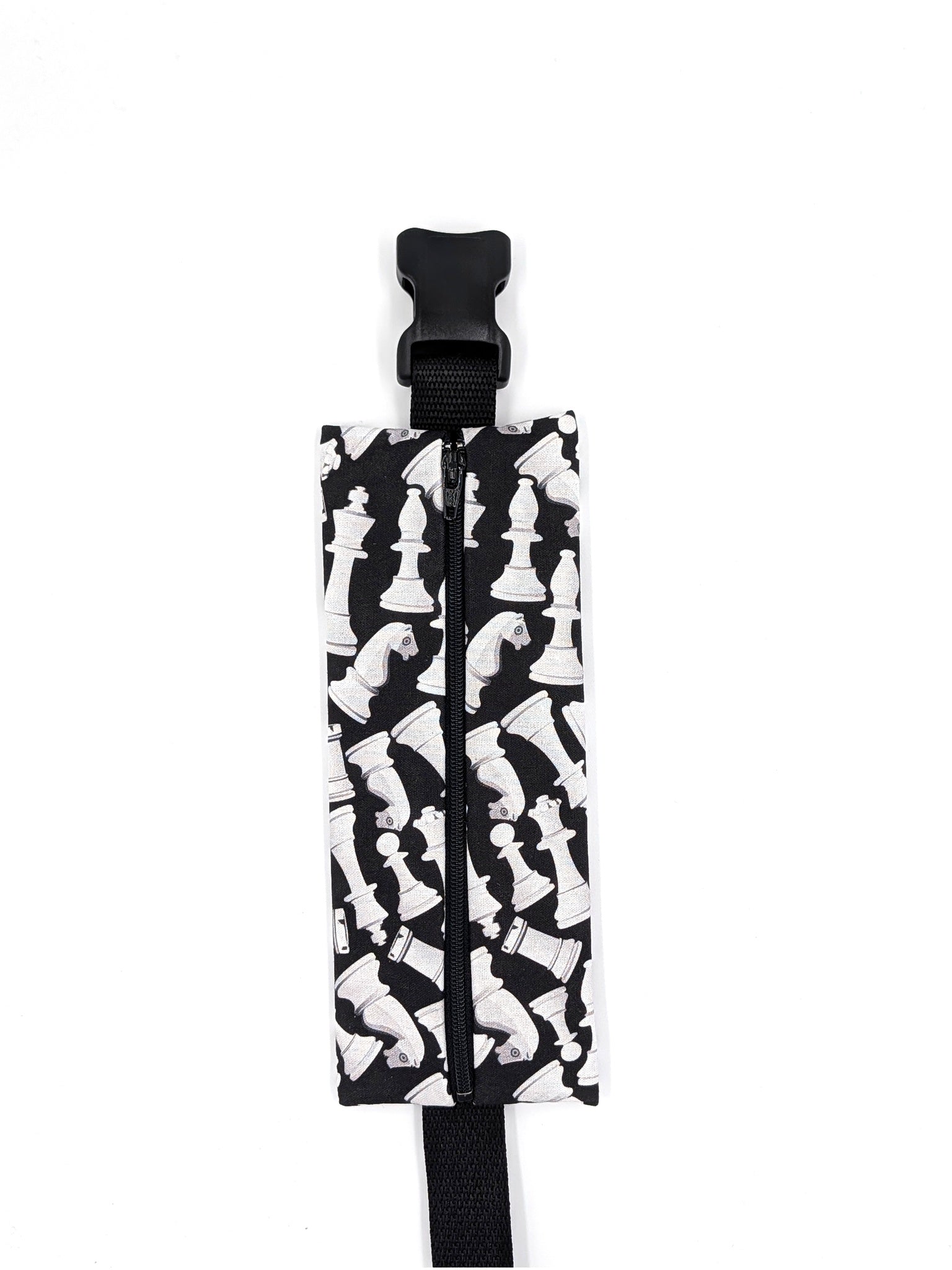 The Grand Master EpiPen pouch in a black and white chess print, closed, front view