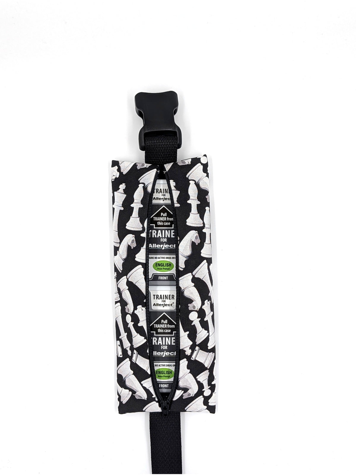 The Grand Master EpiPen pouch in a black and white chess print, open with two ALLERJECT auto-injectors inside