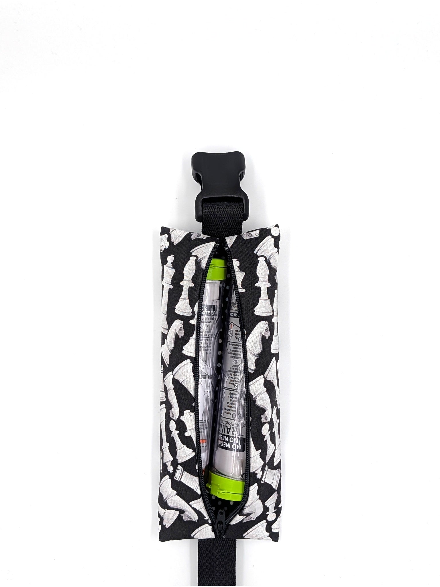 The Grand Master EpiPen pouch in a black and white chess print, open with two EpiPen auto-injectors inside