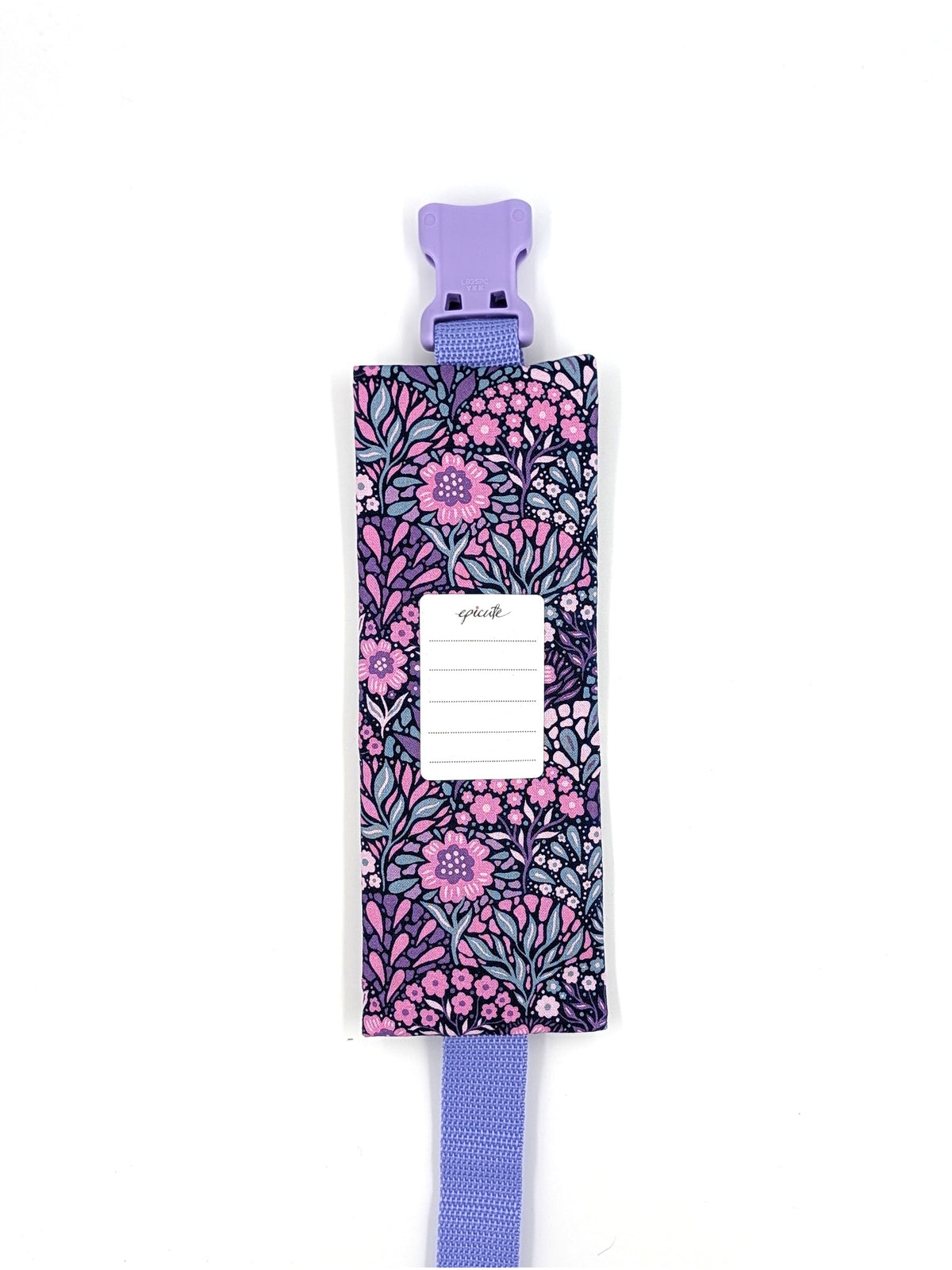 The Poet EpiPen pouch in a navy floral print, back view, showing the care label