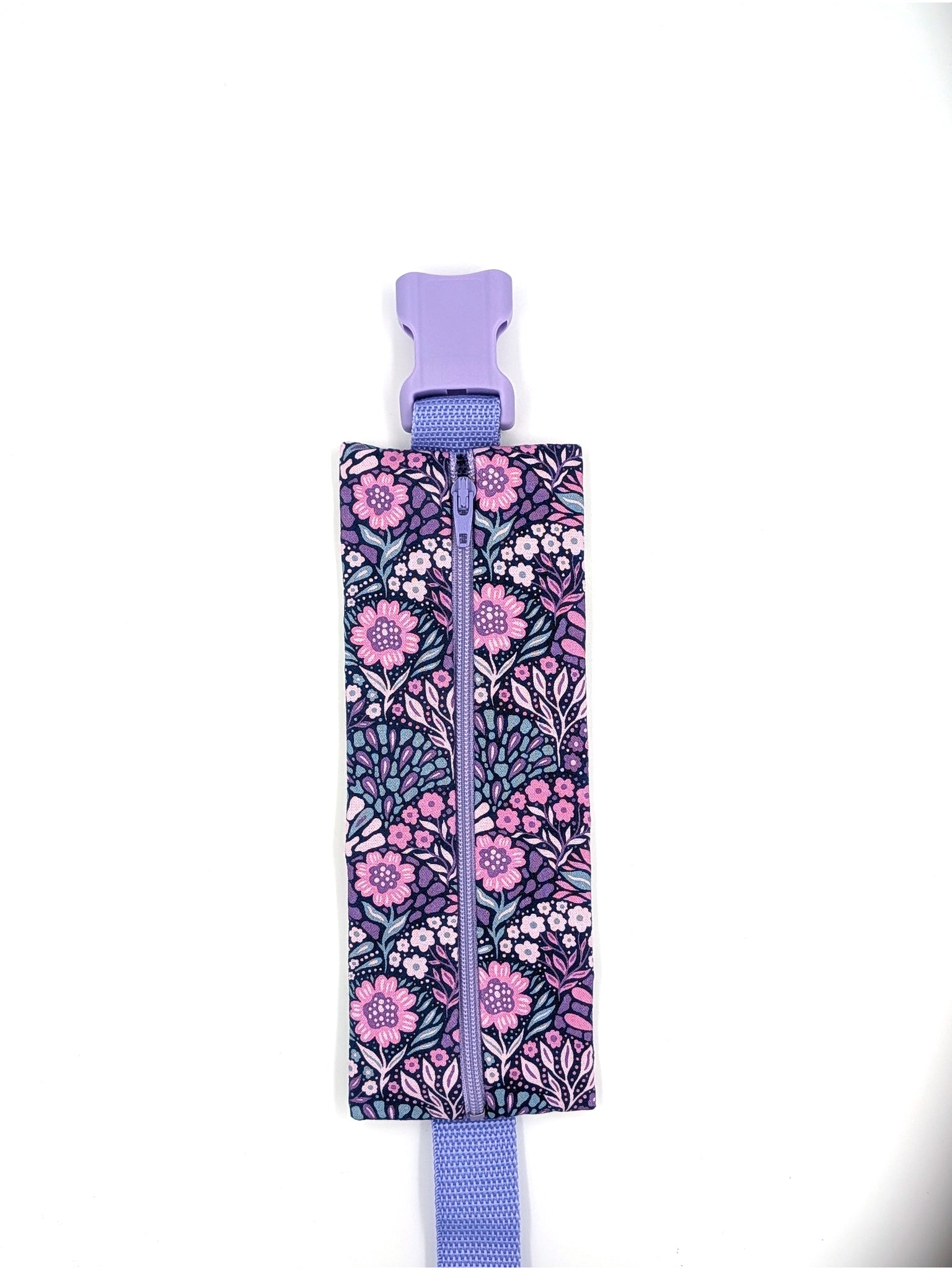 The Poet EpiPen pouch in a navy floral print, closed, front view