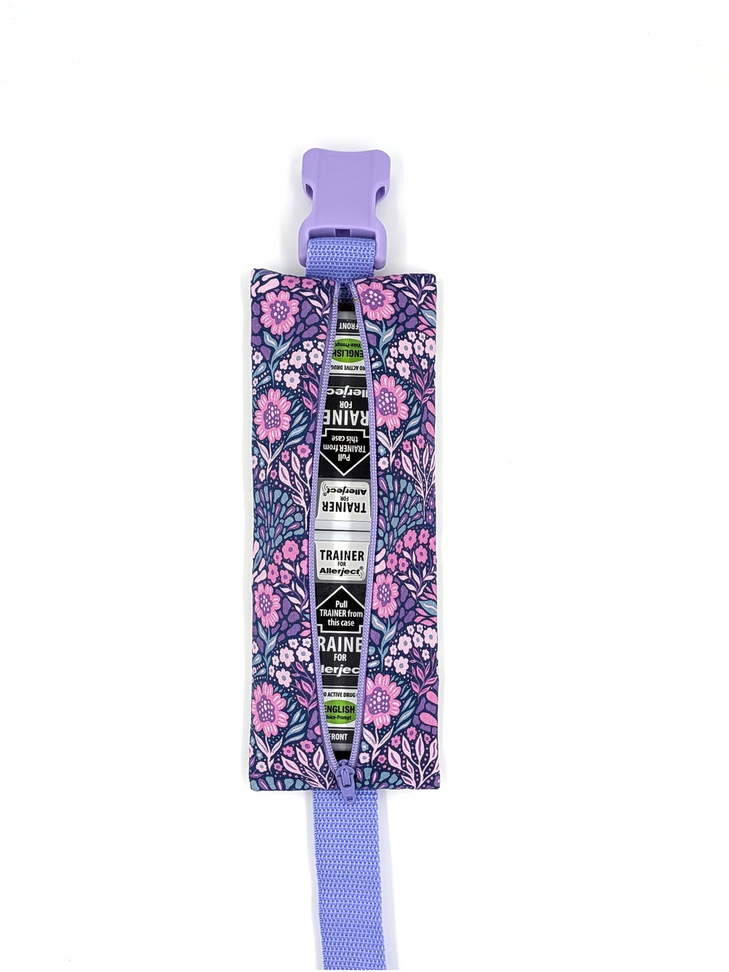 The Poet EpiPen pouch in a navy floral print, open with two ALLERJECT auto-injectors inside