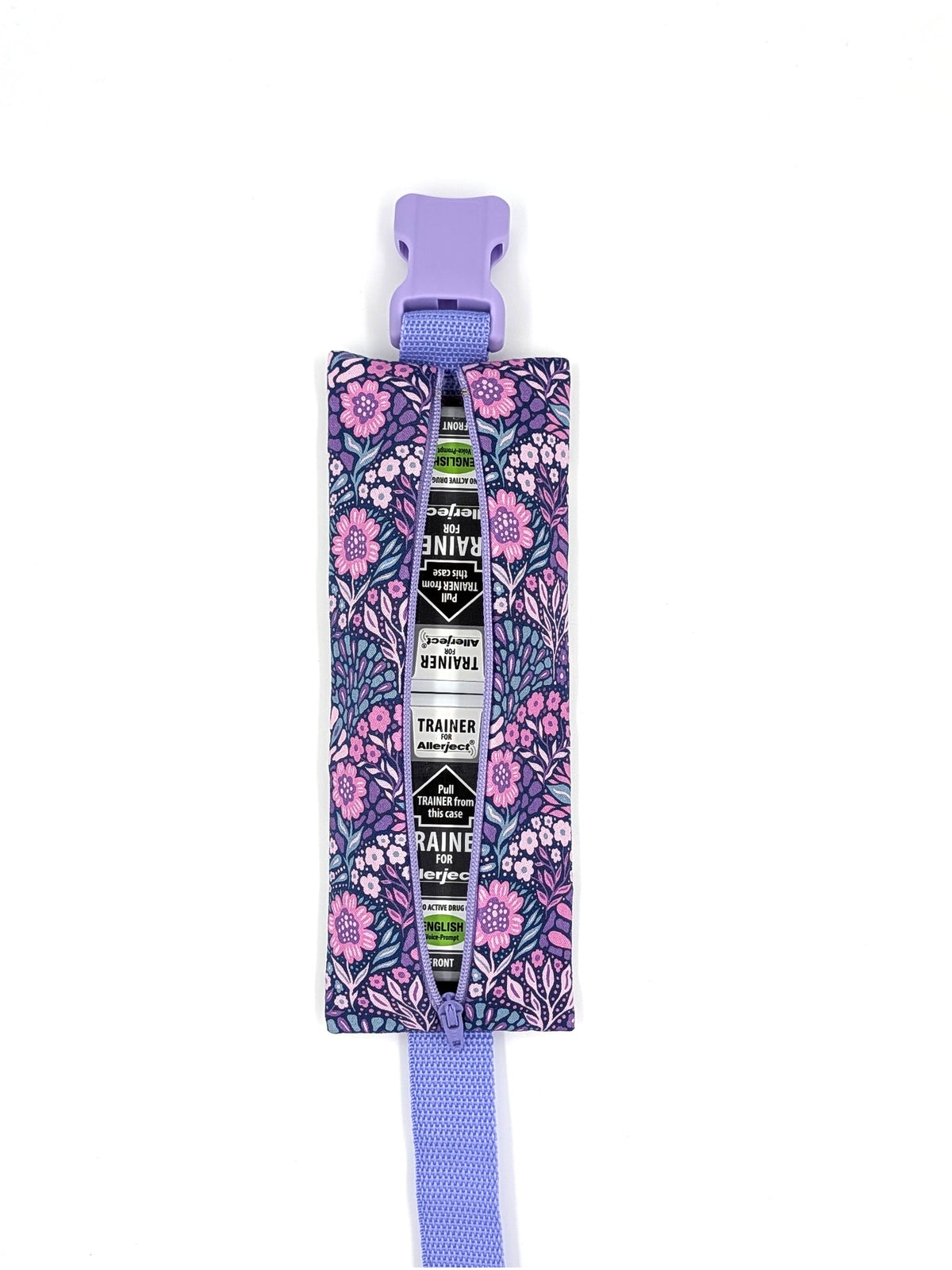 The Poet EpiPen pouch in a navy floral print, open with two ALLERJECT auto-injectors inside