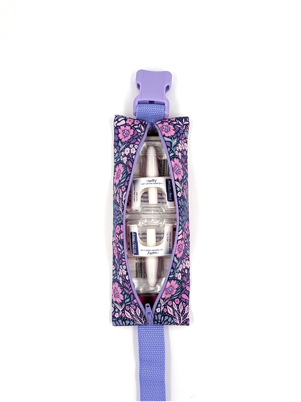 The Poet EpiPen pouch in a navy floral print, open with two neffy nasal spray doses inside